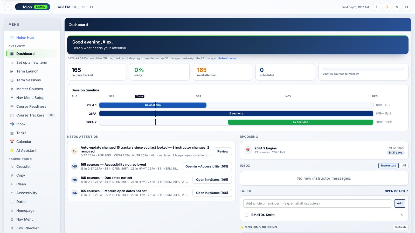 Holon Admin dashboard showing what needs attention this term, by course and by person